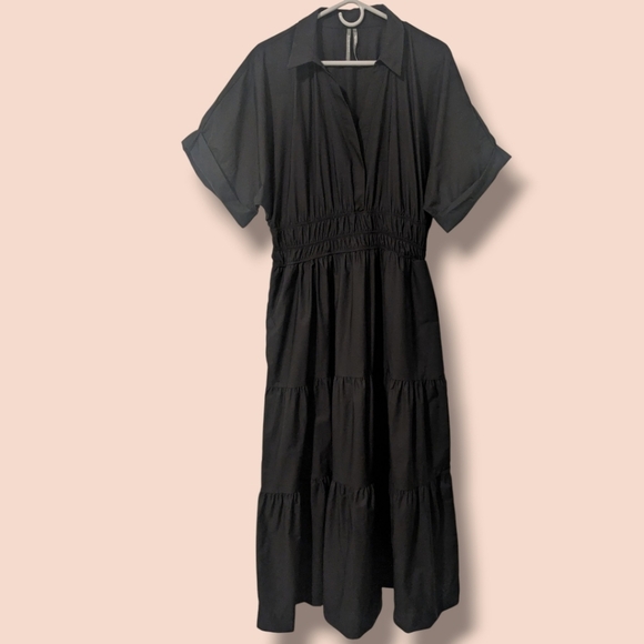 Anthropologie Black Cotton Short Sleeve Tiered A-Line Somerset Maxi Dress LG - Picture 2 of 11